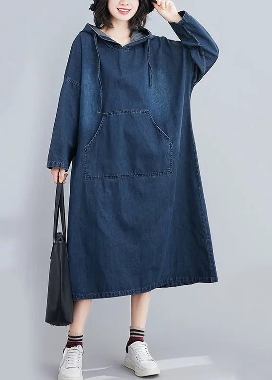 Italian Navy Hooded Oversized Denim Sweatshirt Dress Summer Ada Fashion