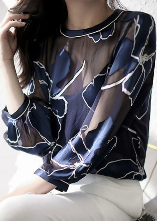 Italian Navy O Neck Print Tulle Patchwork Blouse Top Fall Ada Fashion
