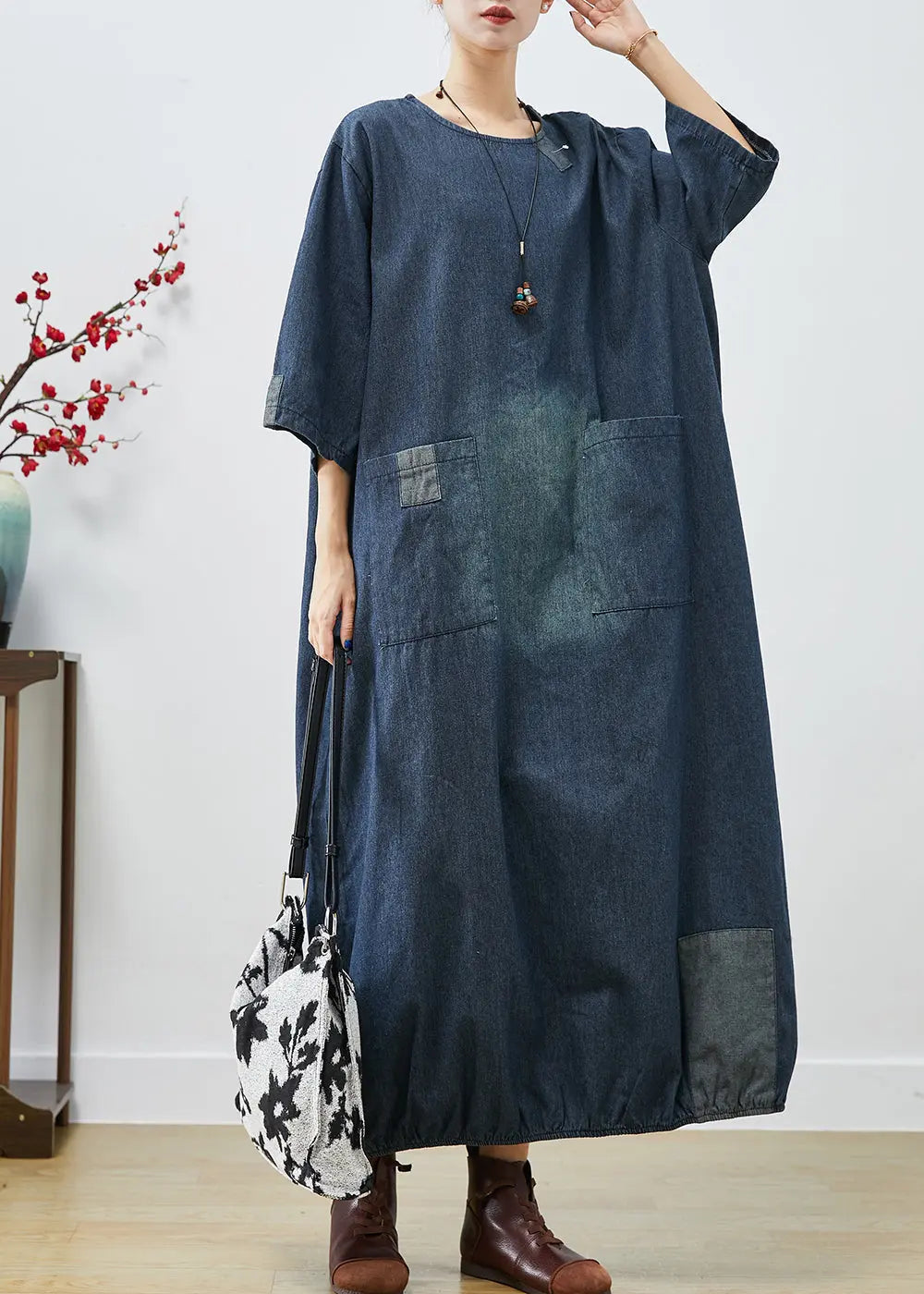 Italian Navy Oversized Patchwork Applique Cotton Vacation Dresses Bracelet Sleeve Ada Fashion