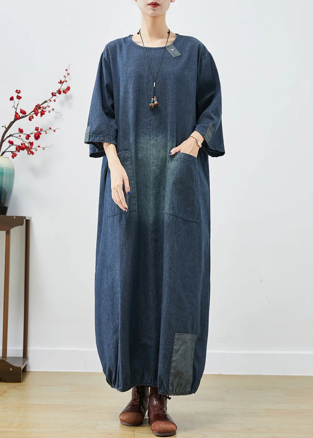 Italian Navy Oversized Patchwork Applique Cotton Vacation Dresses Bracelet Sleeve Ada Fashion