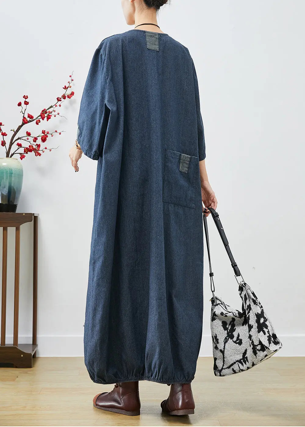 Italian Navy Oversized Patchwork Applique Cotton Vacation Dresses Bracelet Sleeve Ada Fashion