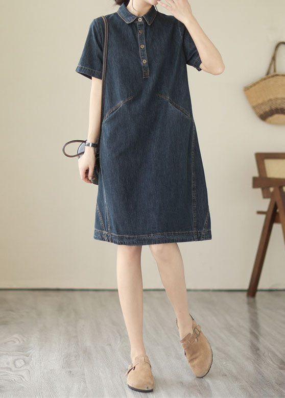 Italian Navy Peter Pan Collar Pockets Patchwork Denim Shirts Dress Summer LY3925 - fabuloryshop