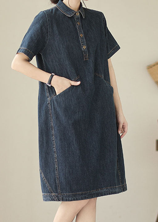 Italian Navy Peter Pan Collar Pockets Patchwork Denim Shirts Dress Summer LY3925 - fabuloryshop