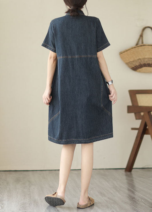 Italian Navy Peter Pan Collar Pockets Patchwork Denim Shirts Dress Summer LY3925 - fabuloryshop