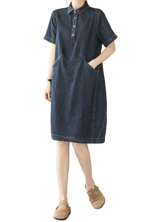 Italian Navy Peter Pan Collar Pockets Patchwork Denim Shirts Dress Summer LY3925 - fabuloryshop