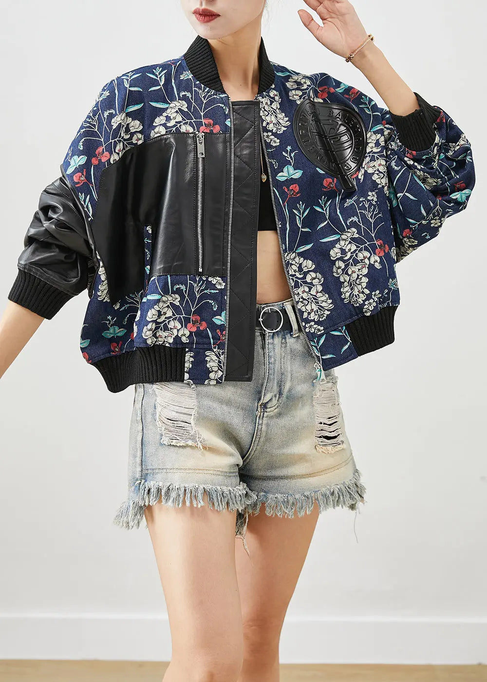 Italian Navy Print Faux Leather Patchwork Cotton Filled Denim Jacket Fall Ada Fashion