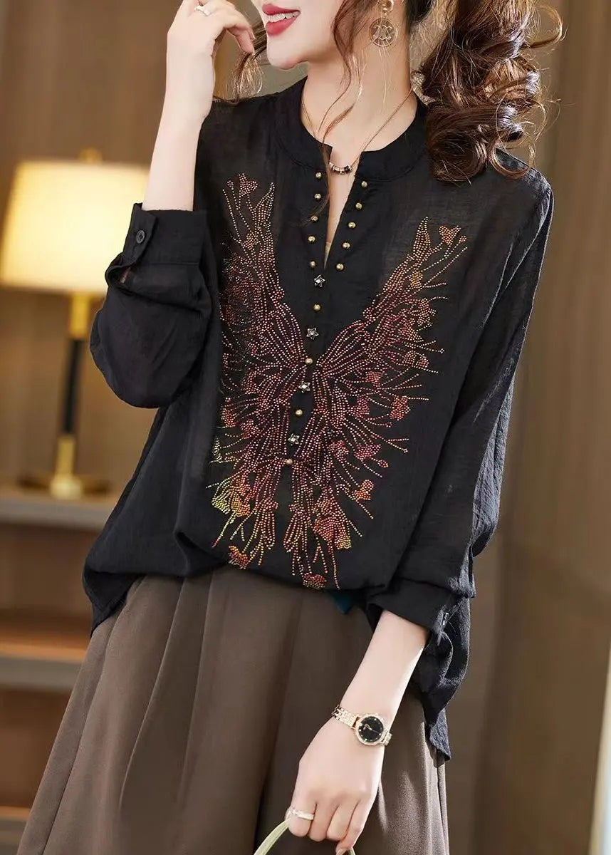 Italian New Black V Neck Zircon Patchwork Chiffon Shirts Fall Ada Fashion