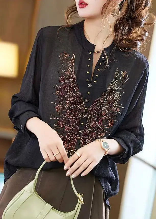 Italian New Black V Neck Zircon Patchwork Chiffon Shirts Fall Ada Fashion