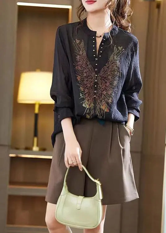 Italian New Black V Neck Zircon Patchwork Chiffon Shirts Fall Ada Fashion