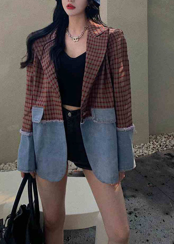 Italian Notched Plaid Patchwork Coat Long Sleeve Ada Fashion