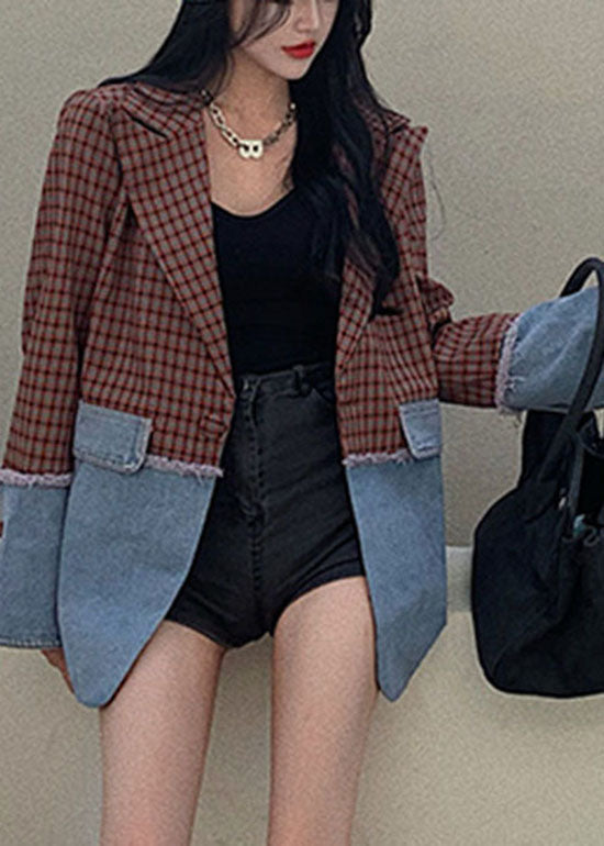 Italian Notched Plaid Patchwork Coat Long Sleeve Ada Fashion