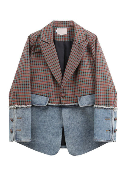 Italian Notched Plaid Patchwork Coat Long Sleeve Ada Fashion