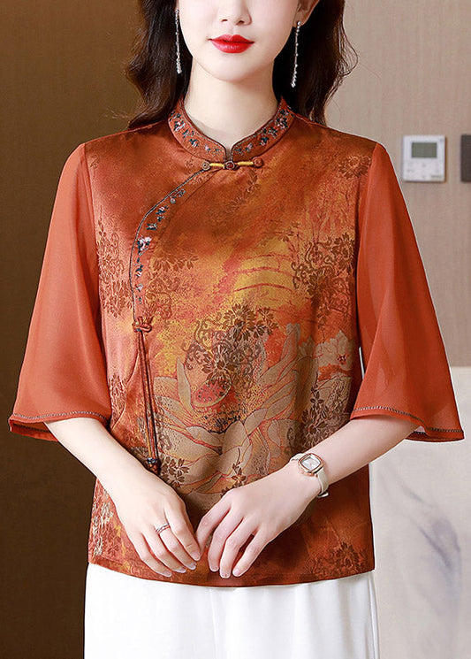 Italian Orange Embroideried Button Silk Shirt Half Sleeve LY3779 - fabuloryshop