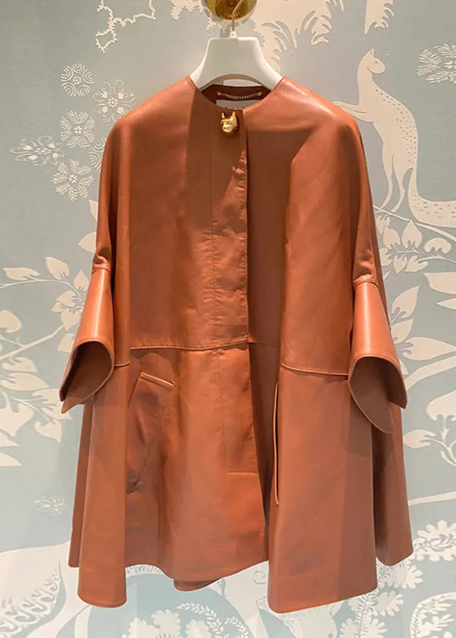 Italian Orange O Neck Pockets Patchwork Faux Leather Coats Fall Ada Fashion