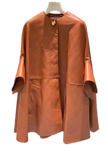 Italian Orange O Neck Pockets Patchwork Faux Leather Coats Fall Ada Fashion