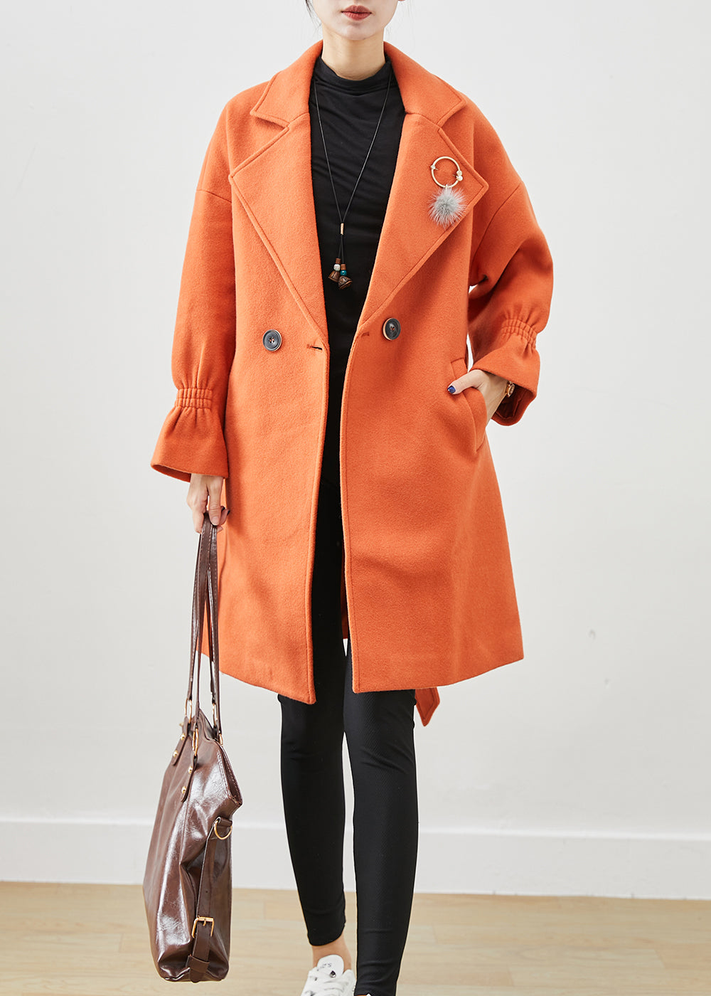 Trench en laine surdimensionné orange italien avec pendentif pour l'automne ML2445