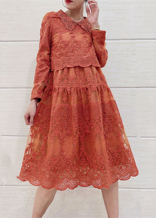 Italian Orange Peter Pan Collar Embroideried Patchwork Tulle Dresses Long Sleeve LY7375 - fabuloryshop