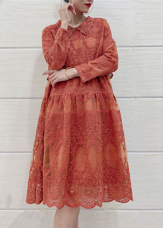 Italian Orange Peter Pan Collar Embroideried Patchwork Tulle Dresses Long Sleeve LY7375 - fabuloryshop