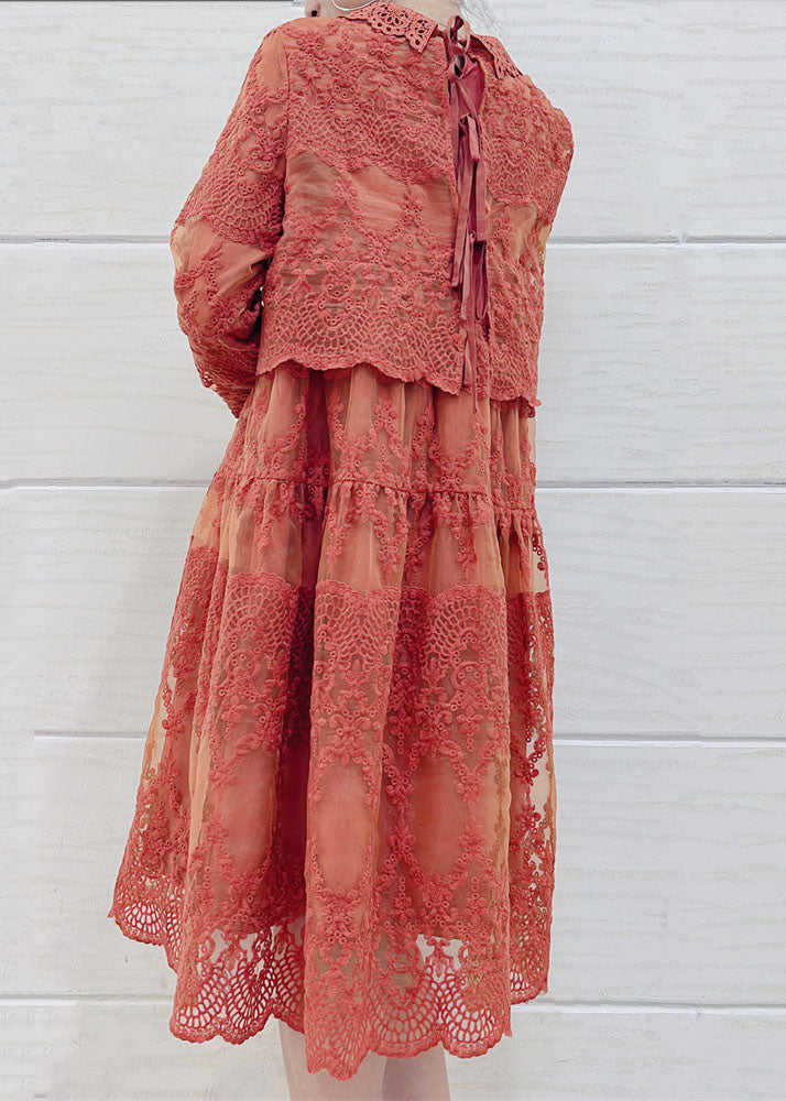 Italian Orange Peter Pan Collar Embroideried Patchwork Tulle Dresses Long Sleeve LY7375 - fabuloryshop