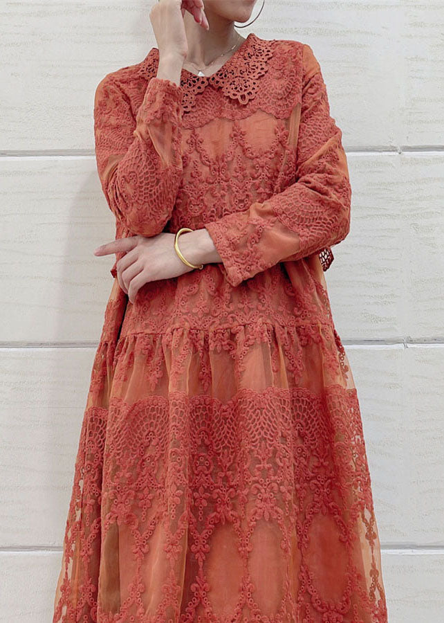 Italian Orange Peter Pan Collar Embroideried Patchwork Tulle Dresses Long Sleeve LY7375 - fabuloryshop