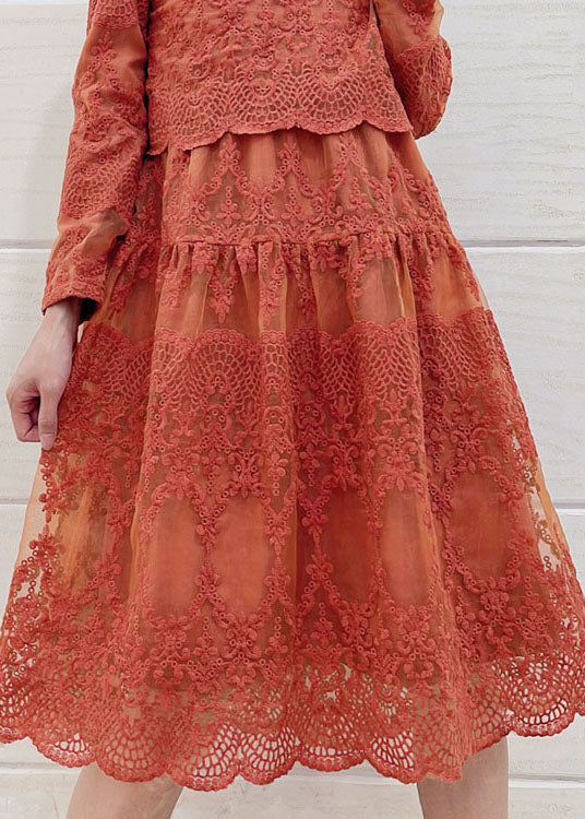Italian Orange Peter Pan Collar Embroideried Patchwork Tulle Dresses Long Sleeve LY7375 - fabuloryshop