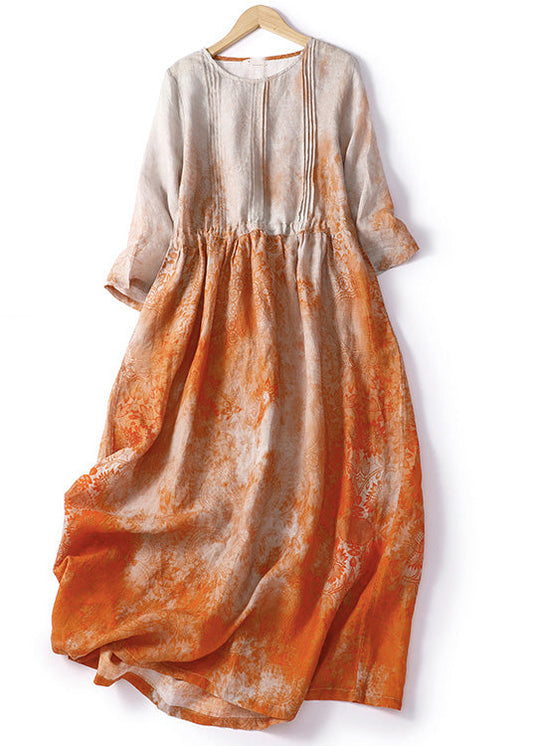 Italian Orange Print Patchwork Drawstring Linen Long Dresses Summer LY4523 - fabuloryshop