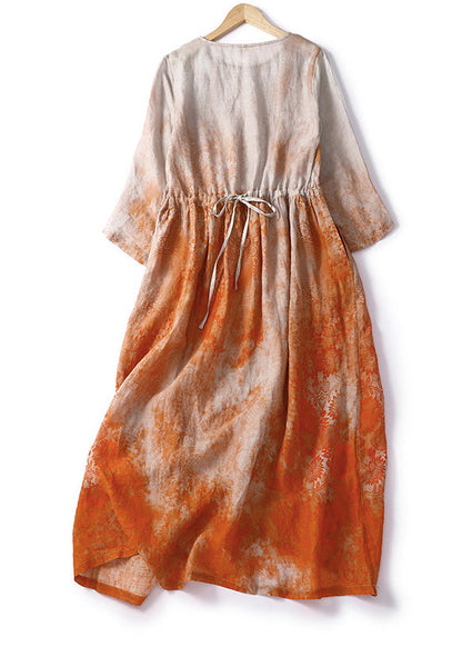 Italian Orange Print Patchwork Drawstring Linen Long Dresses Summer LY4523 - fabuloryshop