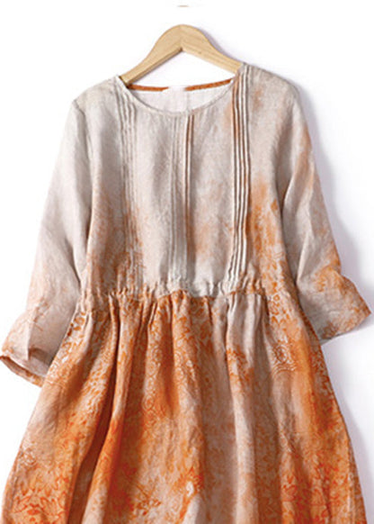 Italian Orange Print Patchwork Drawstring Linen Long Dresses Summer LY4523 - fabuloryshop