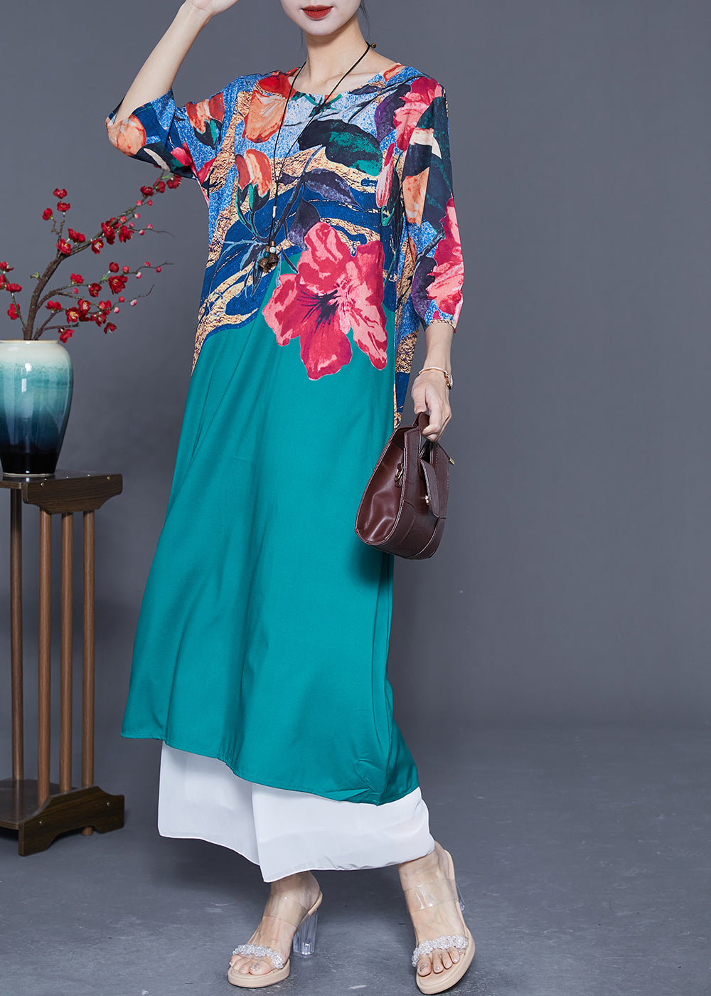 Italian Peacock Blue O-Neck Print Chiffon Maxi Dresses Half Sleeve LY5365 - fabuloryshop