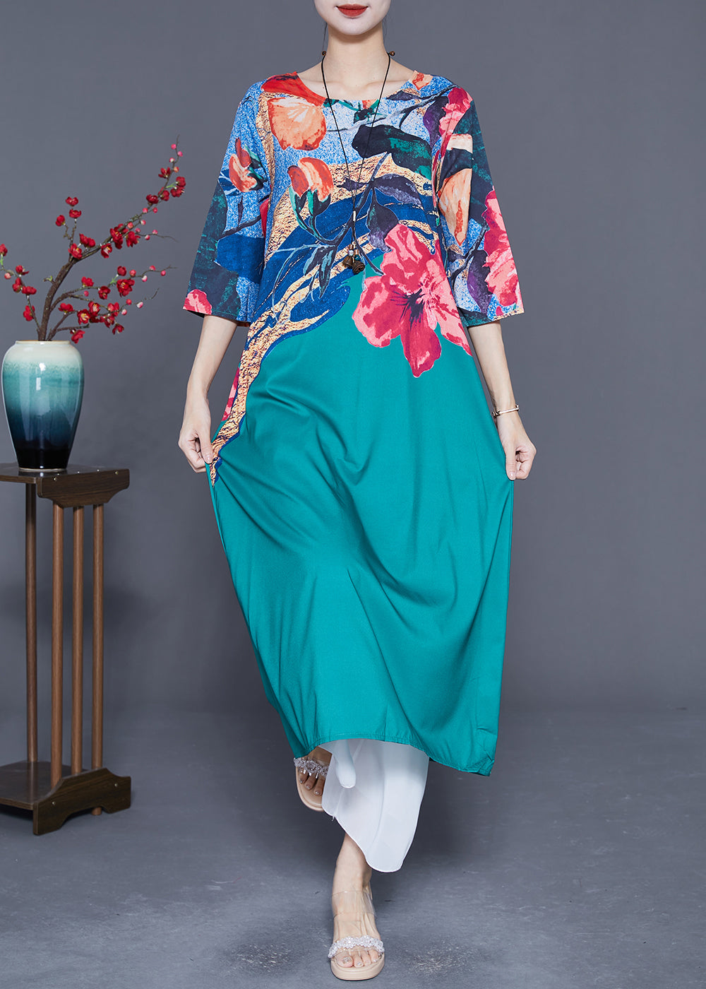 Italian Peacock Blue O-Neck Print Chiffon Maxi Dresses Half Sleeve LY5365 - fabuloryshop