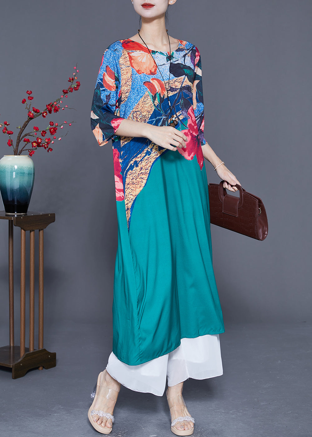 Italian Peacock Blue O-Neck Print Chiffon Maxi Dresses Half Sleeve LY5365 - fabuloryshop