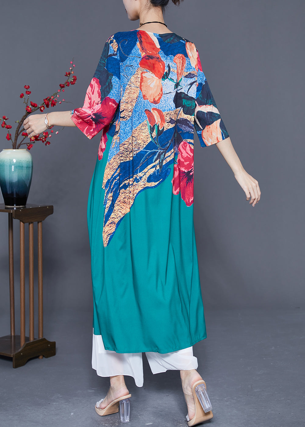 Italian Peacock Blue O-Neck Print Chiffon Maxi Dresses Half Sleeve LY5365 - fabuloryshop