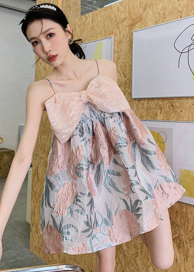 Italian Pink Bow Patchwork Print Cotton Spaghetti Summer Dress Summer Ada Fashion
