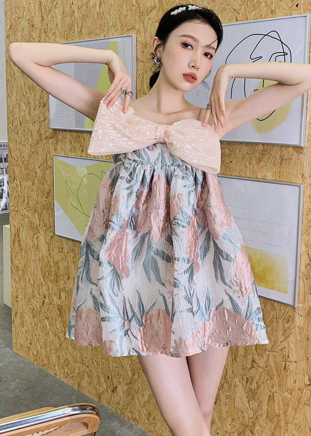 Italian Pink Bow Patchwork Print Cotton Spaghetti Summer Dress Summer Ada Fashion