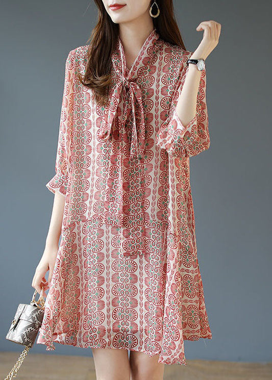 Italian Pink Bow Print Patchwork Chiffon Mid Dress Summer LY4620 - fabuloryshop