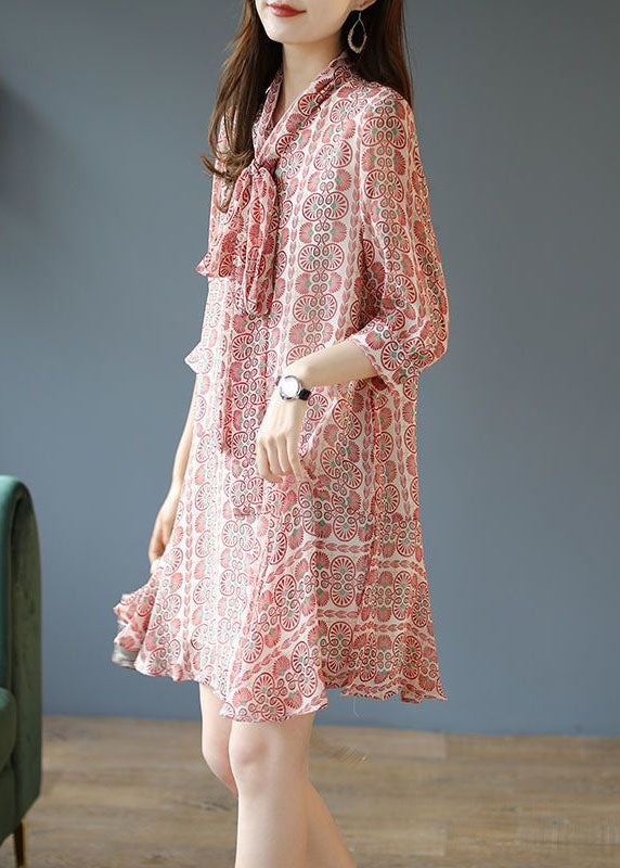 Italian Pink Bow Print Patchwork Chiffon Mid Dress Summer LY4620 - fabuloryshop