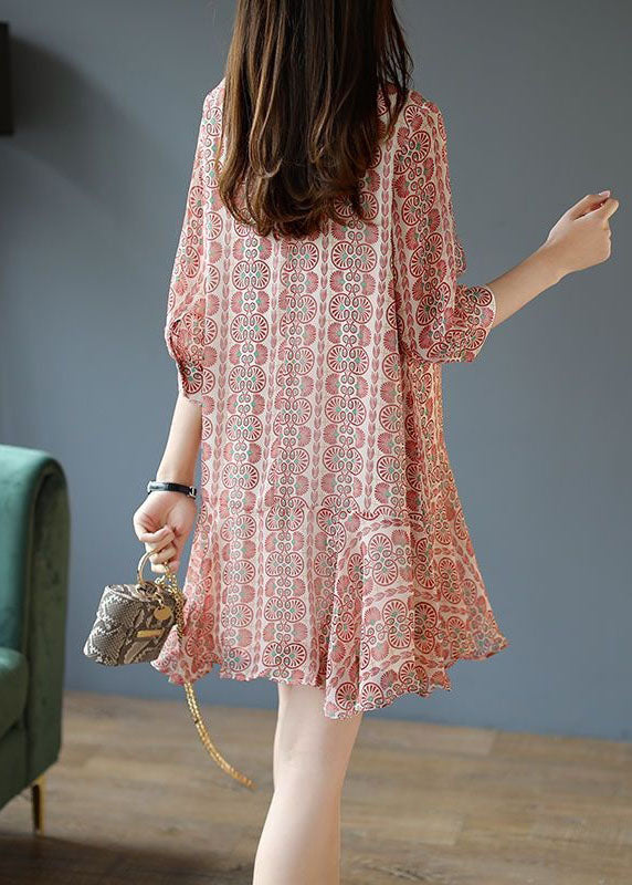 Italian Pink Bow Print Patchwork Chiffon Mid Dress Summer LY4620 - fabuloryshop