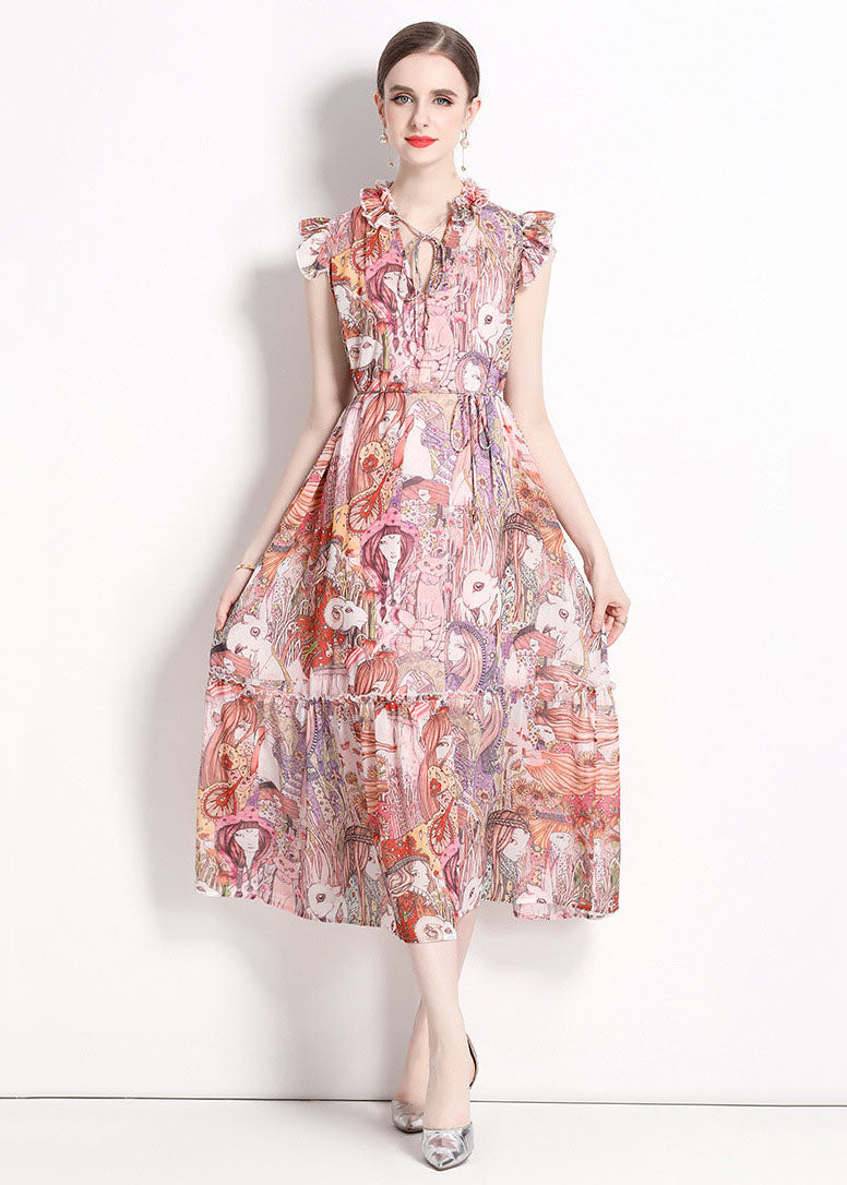 Italian Pink Print Ruffled Lace Up Patchwork Chiffon Long Dresses Summer LY7440 - fabuloryshop