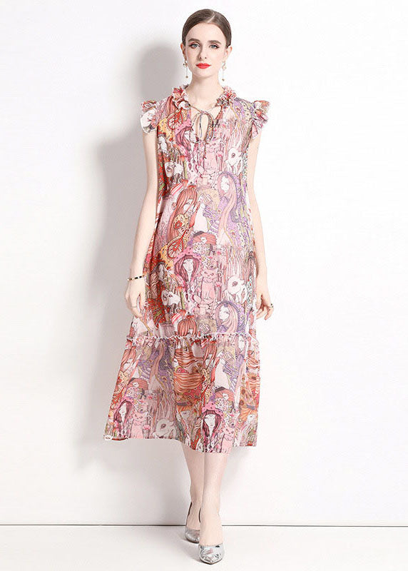 Italian Pink Print Ruffled Lace Up Patchwork Chiffon Long Dresses Summer LY7440 - fabuloryshop