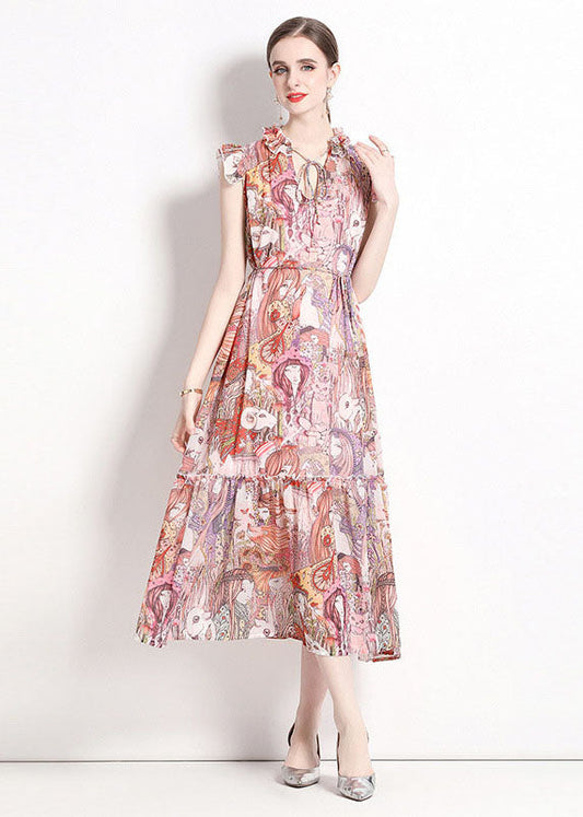 Italian Pink Print Ruffled Lace Up Patchwork Chiffon Long Dresses Summer LY7440 - fabuloryshop