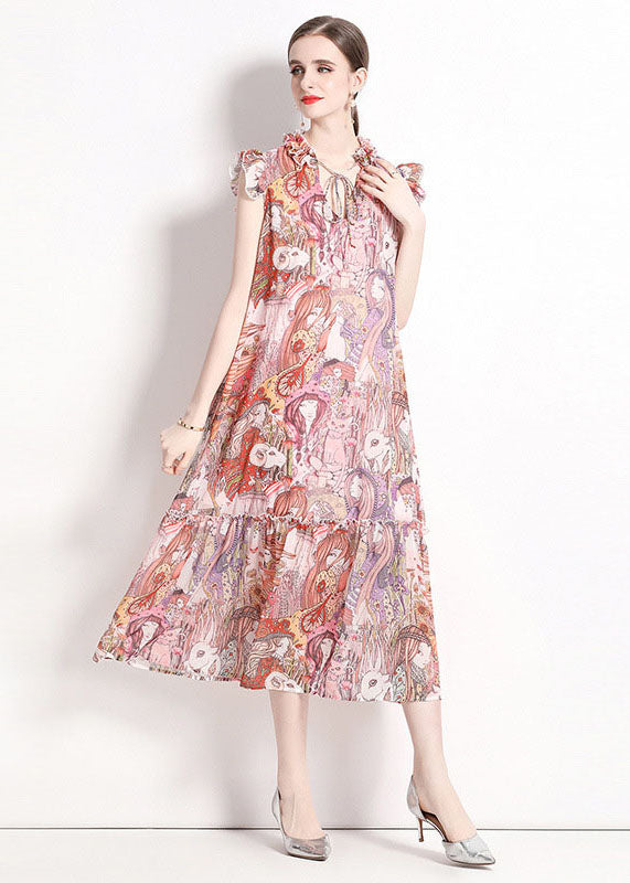 Italian Pink Print Ruffled Lace Up Patchwork Chiffon Long Dresses Summer LY7440 - fabuloryshop