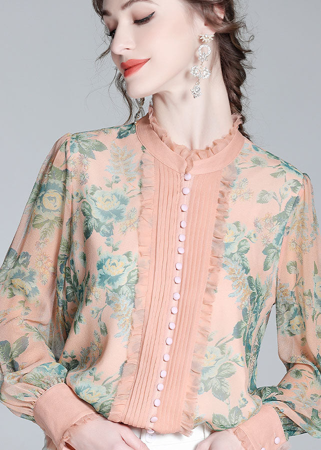 Italian Pink Ruffled Print Patchwork Silk Shirts Spring LY0114 - fabuloryshop