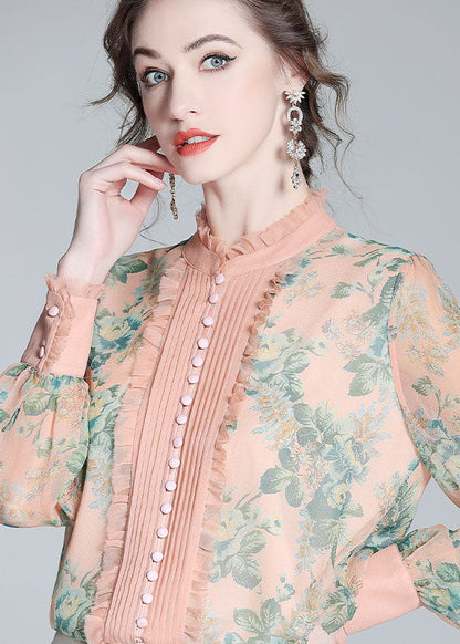 Italian Pink Ruffled Print Patchwork Silk Shirts Spring LY0114 - fabuloryshop