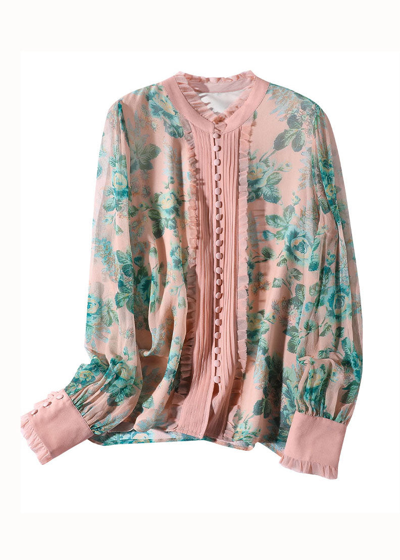 Italian Pink Ruffled Print Patchwork Silk Shirts Spring LY0114 - fabuloryshop