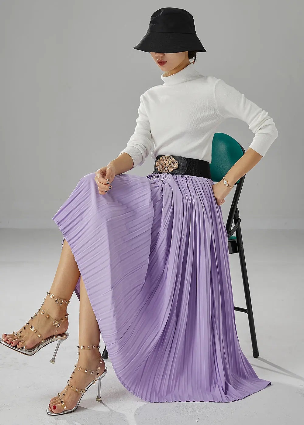 Italian Purple Exra Large Hem Chiffon Pleated Skirt Fall Ada Fashion