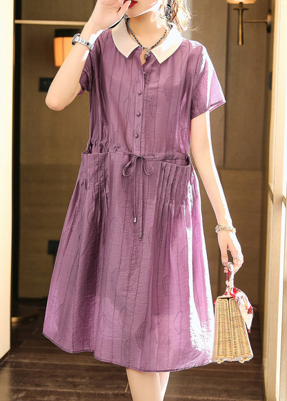 Italian Purple O-Neck Patchwork Drawstring Button Party Long Dress Summer LY6178 - fabuloryshop