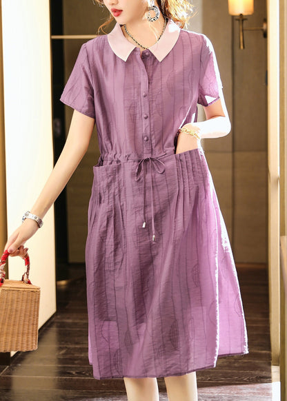 Italian Purple O-Neck Patchwork Drawstring Button Party Long Dress Summer LY6178 - fabuloryshop