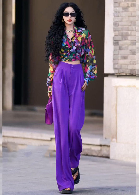 Italian Purple Peter Pan Collar Print Shirts And Wide Leg Pants Two Piece Set Fall Ada Fashion