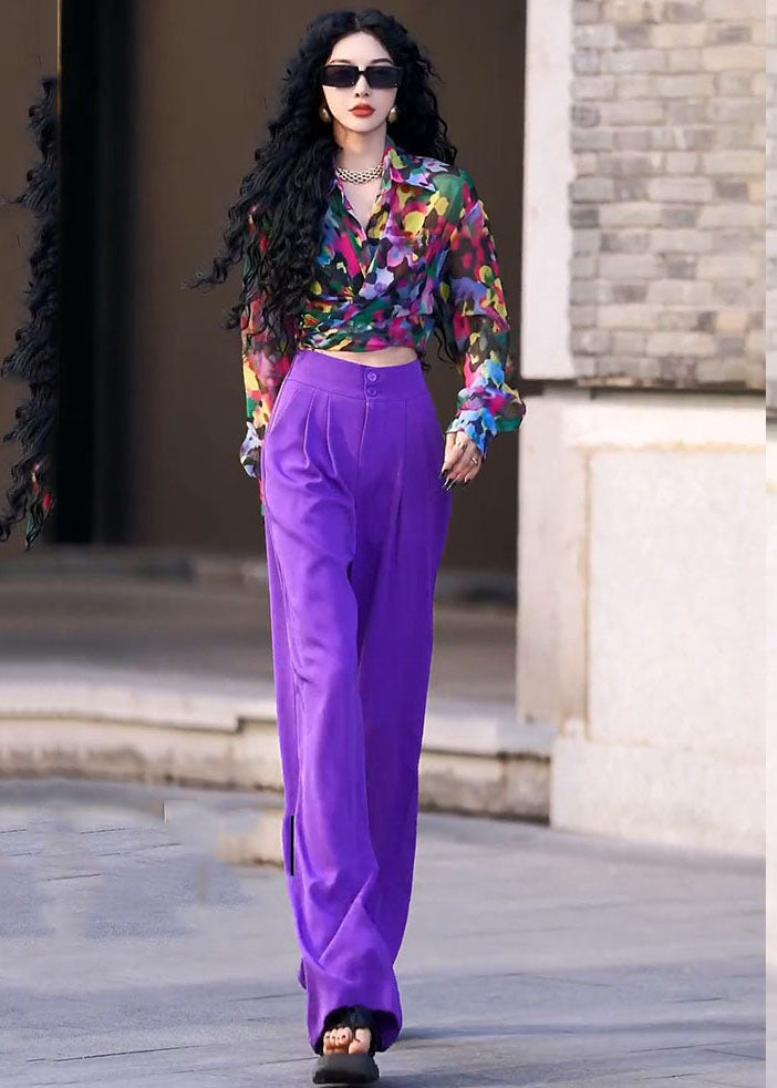 Italian Purple Peter Pan Collar Print Shirts And Wide Leg Pants Two Piece Set Fall Ada Fashion