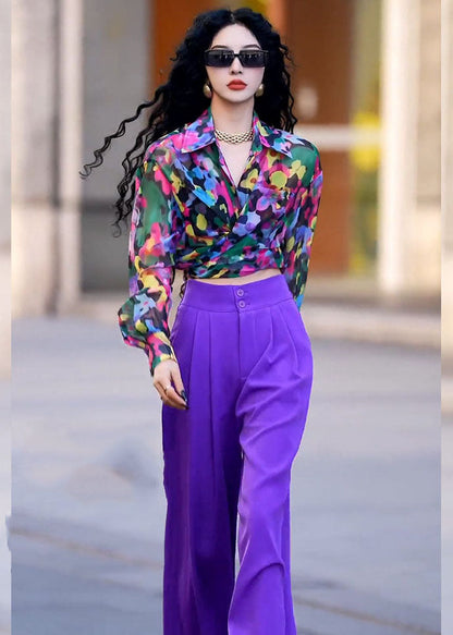 Italian Purple Peter Pan Collar Print Shirts And Wide Leg Pants Two Piece Set Fall Ada Fashion